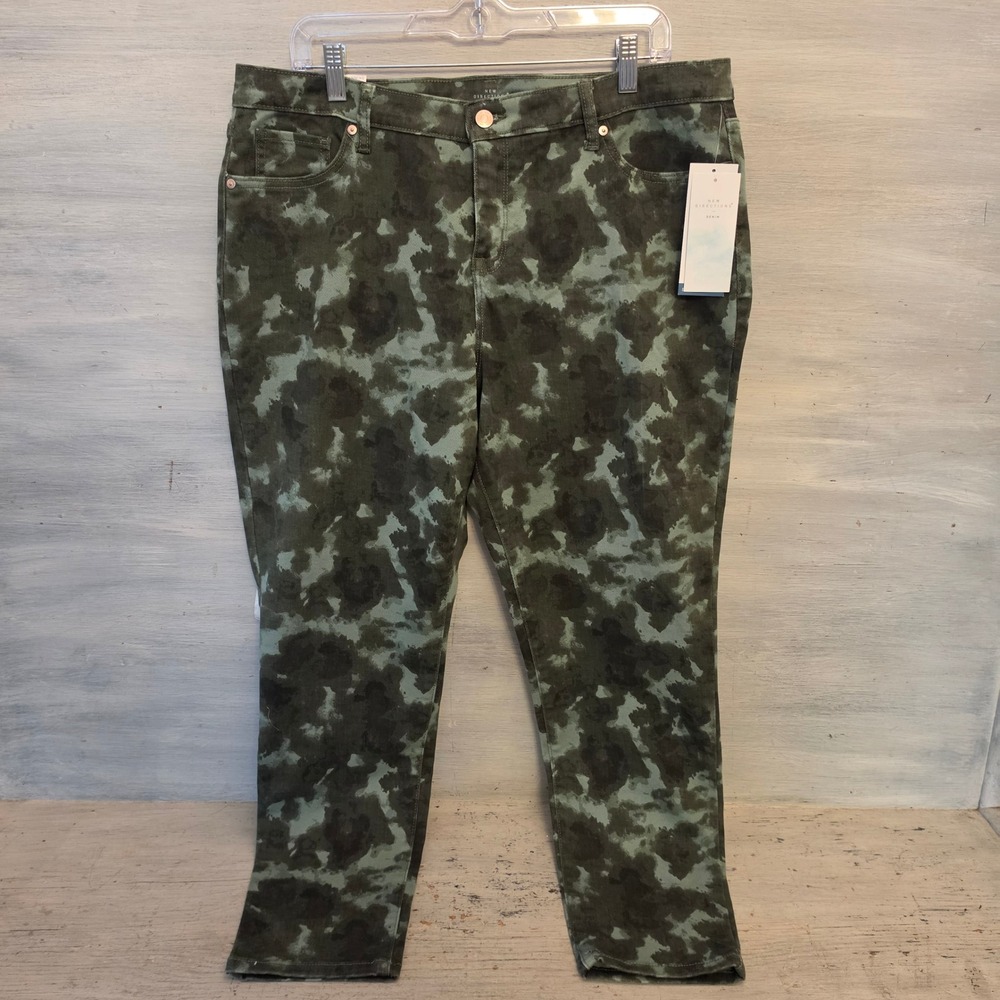 New Directions 98% Cotton Green Ink Blot Camo Print Skinny Ankle Jeans 16R NWT